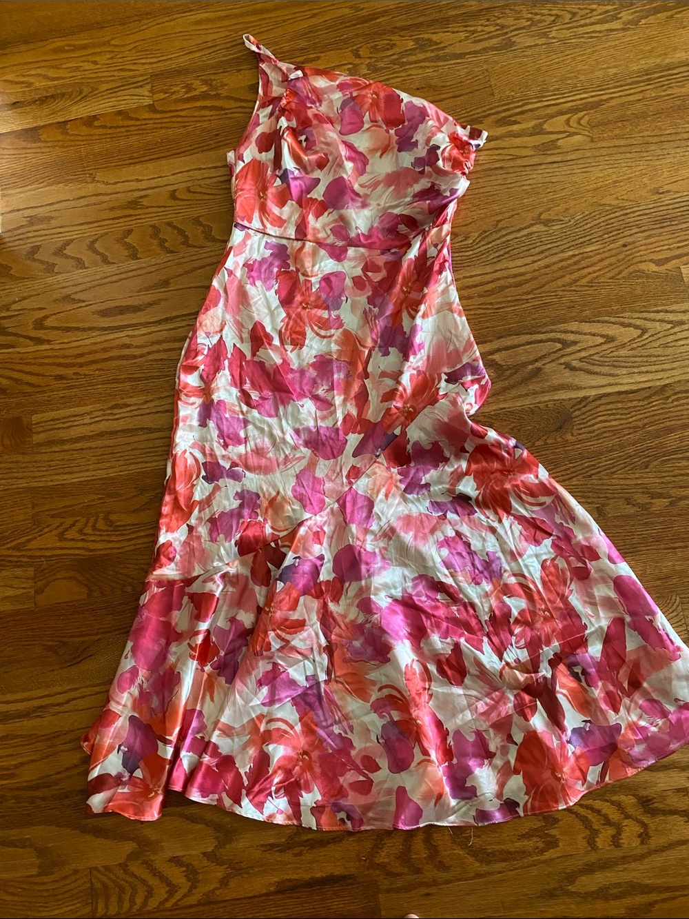 One-Shoulder Floral Midi Dress in Pink & Coral